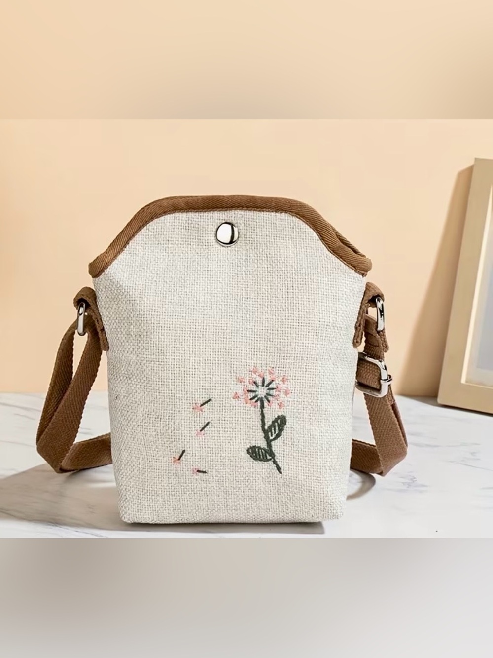 Neutral Canvas Crossbody Bag with Pink Floral Embroidery